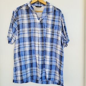 Tommy Bahama Mens Medium Plaid Linen Shirt Island Modern Fit Short Sleeve Casual